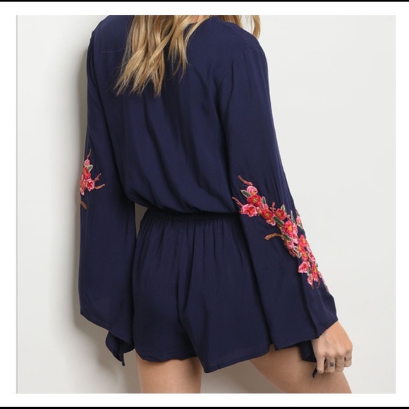 Navy  floral embroidered romper - Picture 2 of 8
